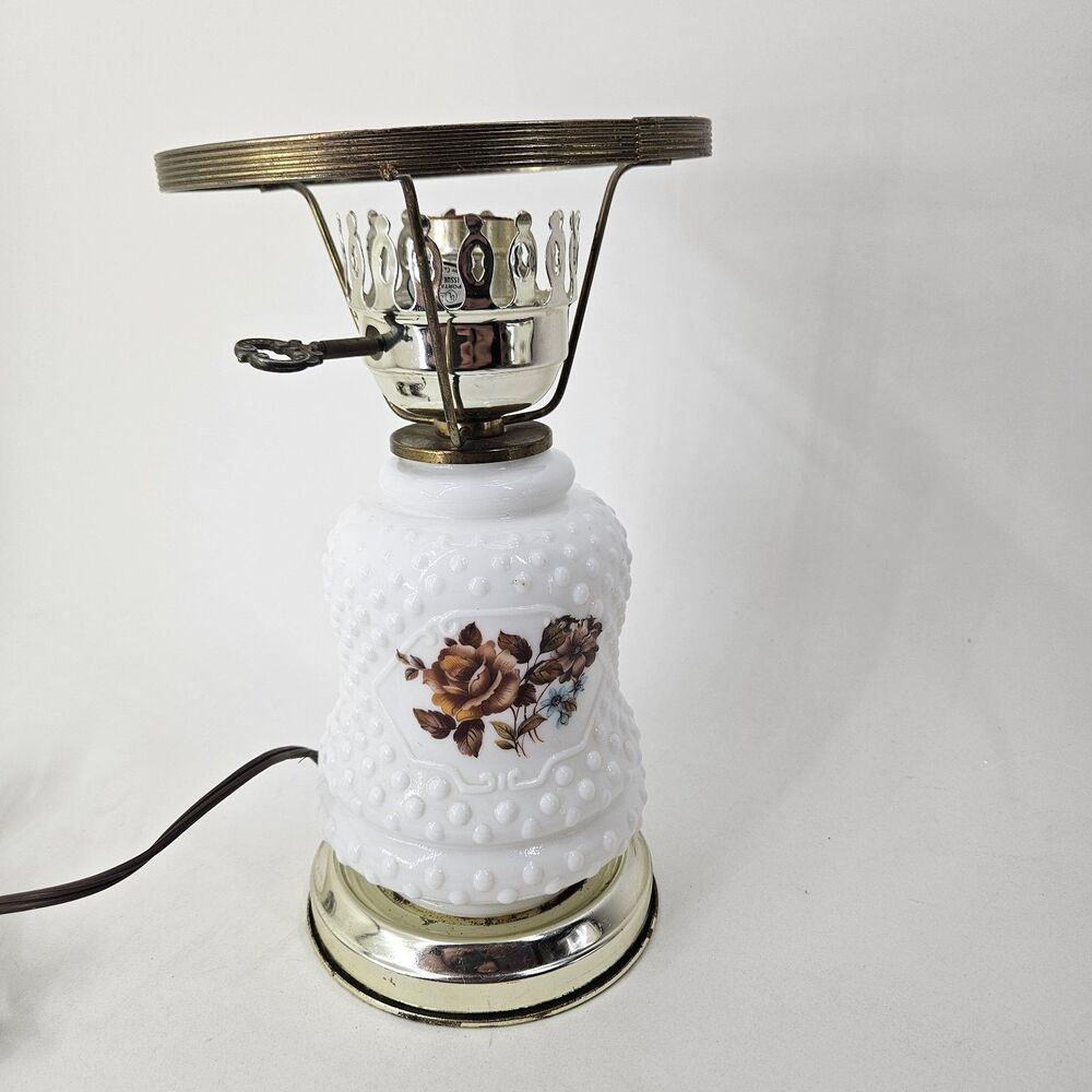 Vintage Milk Glass Hobnail Accent Lamp Floral Design Gold Base Night Light